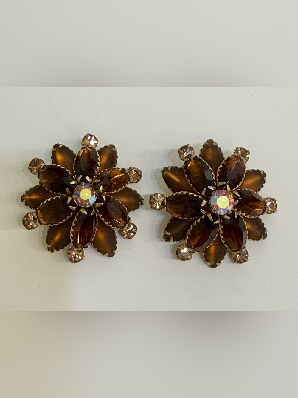 Vintage Judy Lee Clip On Earrings Floral Brown Stones